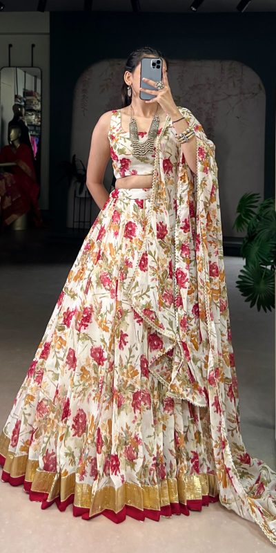 LNB 1672 White Color Chiffon Floral Print Foil Print Embossed Design Lehenga Choli Wedding, Party, Festive, Events Etc. Delivery 4-6 Working Days Rs 3499 | Lehenga, Bollywood Lehenga, Creative Lehenga, Designer Lehenga, Embroidered Lehenga, Party Wear Lehenga
