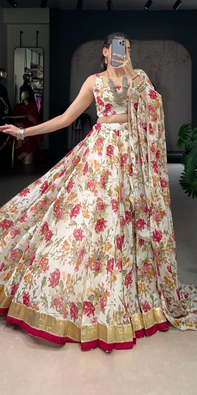 LNB 1672 White Color Chiffon Floral Print Foil Print Embossed Design Lehenga Choli Wedding, Party, Festive, Events Etc. Delivery 4-6 Working Days Rs 3499 | Lehenga, Bollywood Lehenga, Creative Lehenga, Designer Lehenga, Embroidered Lehenga, Party Wear Lehenga