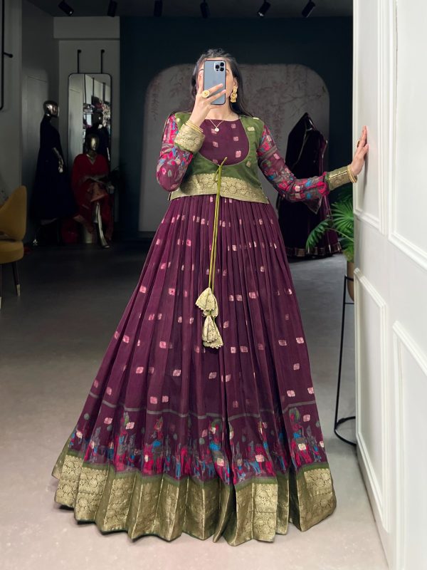 YNF 5031 Wine Color Poly Cotton Kalamkari Print Zari Weaving Work Gown Casual, Wedding, Festive, Events . Expected Delivery  4-6 Working Days @1999/- only      | Gowns, Bollywood Gowns, Creative Gowns, Designer Gowns, Embroidered Gowns, Party Wear Gowns