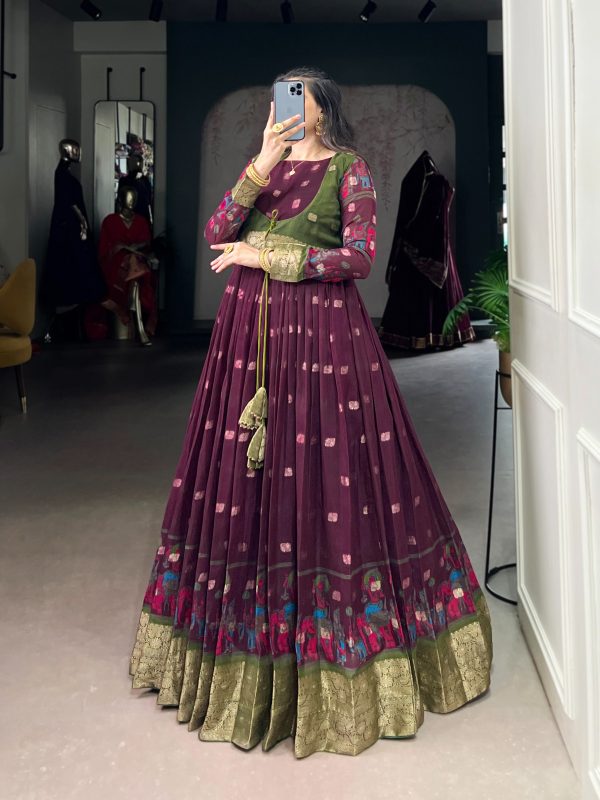 YNF 5031 Wine Color Poly Cotton Kalamkari Print Zari Weaving Work Gown Casual, Wedding, Festive, Events . Expected Delivery  4-6 Working Days @1999/- only      | Gowns, Bollywood Gowns, Creative Gowns, Designer Gowns, Embroidered Gowns, Party Wear Gowns