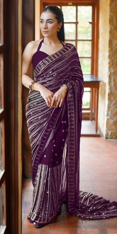 DF 3451 Wine Color Faux Georgette 5mm Sequence Embroidery Work Saree Casual, Wedding, Festive, Events . Expected Delivery  4-6 Working Days @1799/- only                                                 | Sarees, Bollywood Sarees, Creative Sarees, Designer Sarees, Embroidered Sarees, Ethnic Saree, Modern Digital sarees, Party Wear Sarees