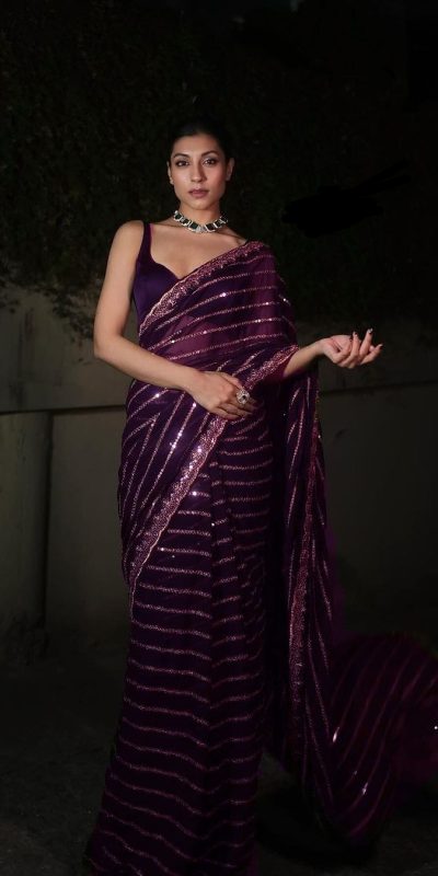DF 3393 Wine Color Georgette 5MM Sequins Embroidery Work Saree Casual, Wedding, Festive, Events . Expected Delivery  4-6 Working Days @1799/- only                                                 | Sarees, Bollywood Sarees, Creative Sarees, Designer Sarees, Embroidered Sarees, Ethnic Saree, Modern Digital sarees, Party Wear Sarees