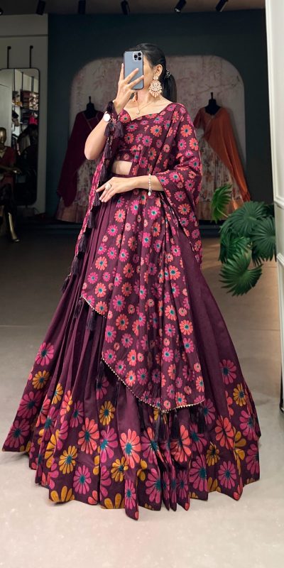 LNB 1232 Wine Color Tasar Silk Floral Print With Foil Work Lehenga Choli Wedding, Party, Festive, Events Etc. Delivery 4-6 Working Days Rs 2149 | Lehenga, Bollywood Lehenga, Creative Lehenga, Designer Lehenga, Embroidered Lehenga, Party Wear Lehenga