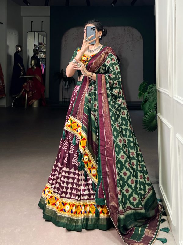 LNB 1732 Wine Color Tasar Silk Print Foil Work Real Mirror Gamthi Work Lehenga Choli Wedding, Party, Festive, Events Etc. Delivery 4-6 Working Days Rs 2999 | Lehenga, Bollywood Lehenga, Creative Lehenga, Designer Lehenga, Embroidered Lehenga, Party Wear Lehenga