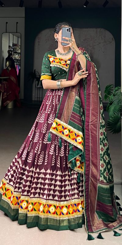 LNB 1732 Wine Color Tasar Silk Print Foil Work Real Mirror Gamthi Work Lehenga Choli Wedding, Party, Festive, Events Etc. Delivery 4-6 Working Days Rs 2999 | Lehenga, Bollywood Lehenga, Creative Lehenga, Designer Lehenga, Embroidered Lehenga, Party Wear Lehenga