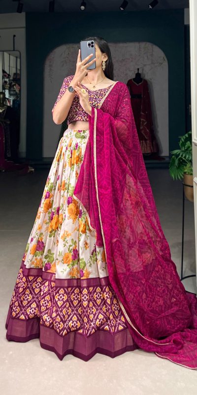 LNB 1689 Wine Color Tussar Silk Floral And Patola Print With Foil Work Lehenga Choli Wedding, Party, Festive, Events Etc. Delivery 4-6 Working Days Rs 2099 | Lehenga, Bollywood Lehenga, Creative Lehenga, Designer Lehenga, Embroidered Lehenga, Party Wear Lehenga