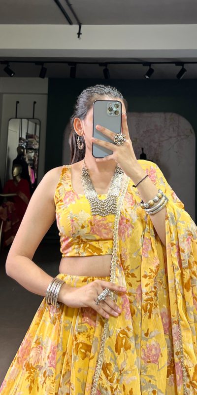 LNB 1672 Yellow Color Chiffon Floral Print Foil Print Embossed Design Lehenga Choli Wedding, Party, Festive, Events Etc. Delivery 4-6 Working Days Rs 3499 | Lehenga, Bollywood Lehenga, Creative Lehenga, Designer Lehenga, Embroidered Lehenga, Party Wear Lehenga