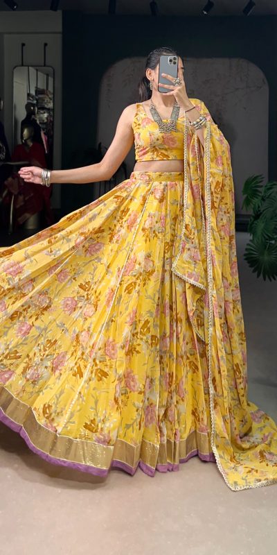 LNB 1672 Yellow Color Chiffon Floral Print Foil Print Embossed Design Lehenga Choli Wedding, Party, Festive, Events Etc. Delivery 4-6 Working Days Rs 3499 | Lehenga, Bollywood Lehenga, Creative Lehenga, Designer Lehenga, Embroidered Lehenga, Party Wear Lehenga