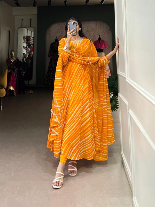 YNF 5026 Yellow Color Georgette Leheriya Georgette Lace Touch Up Gown Casual, Wedding, Festive, Events . Expected Delivery  4-6 Working Days @1649/- only      | Gowns, Bollywood Gowns, Creative Gowns, Designer Gowns, Embroidered Gowns, Party Wear Gowns