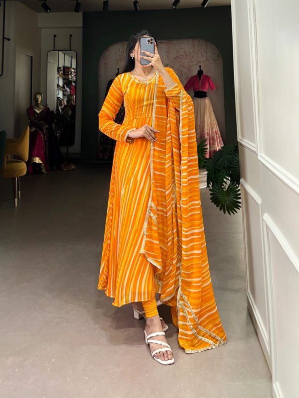 YNF 5026 Yellow Color Georgette Leheriya Georgette Lace Touch Up Gown Casual, Wedding, Festive, Events . Expected Delivery  4-6 Working Days @1649/- only      | Gowns, Bollywood Gowns, Creative Gowns, Designer Gowns, Embroidered Gowns, Party Wear Gowns