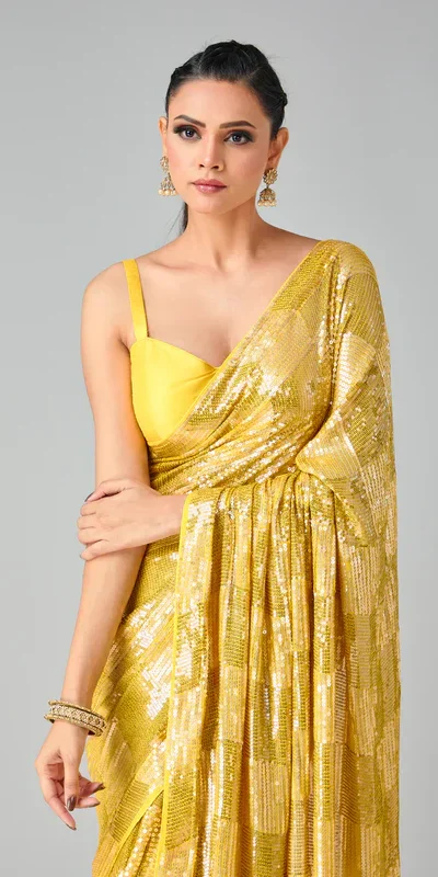 DF 3426 Yellow Color Georgette 5MM Sequins Embroidery Work Saree Casual, Wedding, Festive, Events . Expected Delivery  4-6 Working Days @1749/- only                                                 | Sarees, Bollywood Sarees, Creative Sarees, Designer Sarees, Embroidered Sarees, Ethnic Saree, Modern Digital sarees, Party Wear Sarees