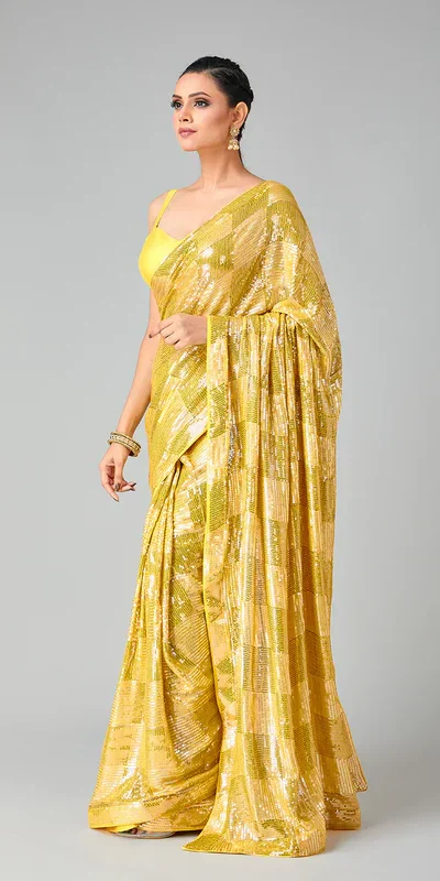 DF 3426 Yellow Color Georgette 5MM Sequins Embroidery Work Saree Casual, Wedding, Festive, Events . Expected Delivery  4-6 Working Days @1749/- only                                                 | Sarees, Bollywood Sarees, Creative Sarees, Designer Sarees, Embroidered Sarees, Ethnic Saree, Modern Digital sarees, Party Wear Sarees
