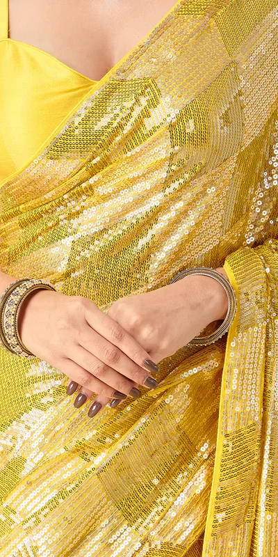 DF 3426 Yellow Color Georgette 5MM Sequins Embroidery Work Saree Casual, Wedding, Festive, Events . Expected Delivery  4-6 Working Days @1749/- only                                                 | Sarees, Bollywood Sarees, Creative Sarees, Designer Sarees, Embroidered Sarees, Ethnic Saree, Modern Digital sarees, Party Wear Sarees