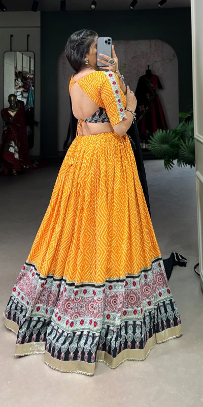 LNB 1712 Yellow Color Rayon Bandhej Ajarakh Print Embossed Gota Lace Lehenga Choli Wedding, Party, Festive, Events Etc. Delivery 4-6 Working Days Rs 1999 | Lehenga, Bollywood Lehenga, Creative Lehenga, Designer Lehenga, Embroidered Lehenga, Party Wear Lehenga