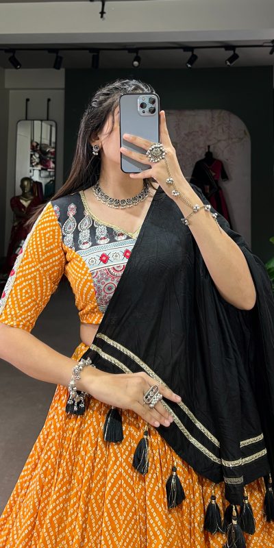 LNB 1712 Yellow Color Rayon Bandhej Ajarakh Print Embossed Gota Lace Lehenga Choli Wedding, Party, Festive, Events Etc. Delivery 4-6 Working Days Rs 1999 | Lehenga, Bollywood Lehenga, Creative Lehenga, Designer Lehenga, Embroidered Lehenga, Party Wear Lehenga