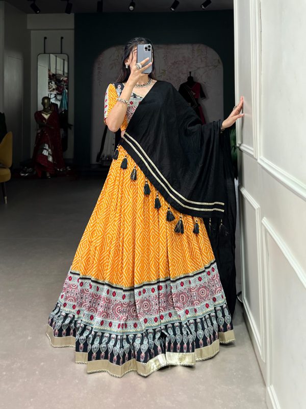 LNB 1712 Yellow Color Rayon Bandhej Ajarakh Print Embossed Gota Lace Lehenga Choli Wedding, Party, Festive, Events Etc. Delivery 4-6 Working Days Rs 1999 | Lehenga, Bollywood Lehenga, Creative Lehenga, Designer Lehenga, Embroidered Lehenga, Party Wear Lehenga