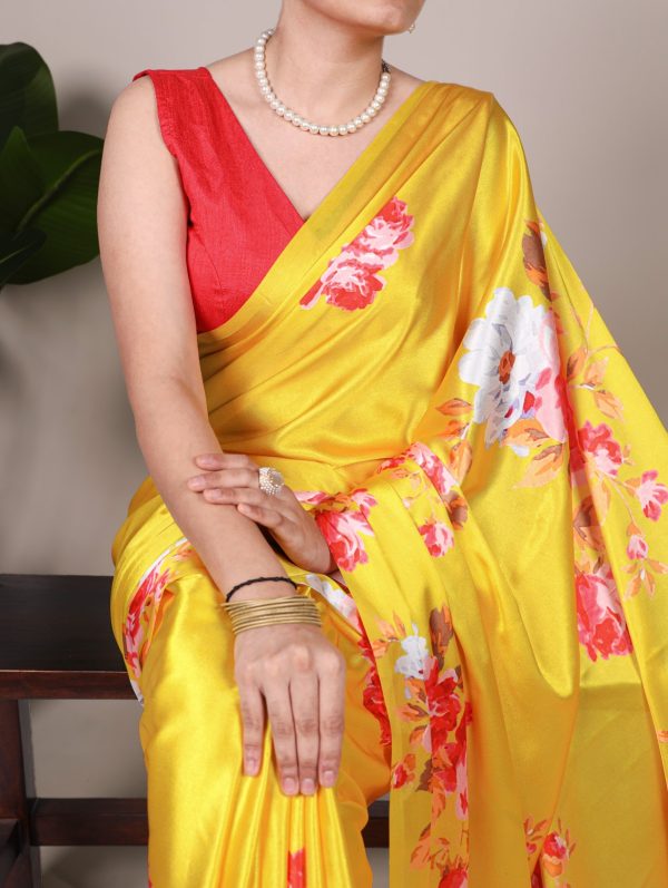 YNF 7054 Yellow Color Satin Silk Floral Printed Saree Casual, Wedding, Festive, Events . Expected Delivery  4-6 Working Days @1549/- only                                                                                | Sarees, Bollywood Sarees, Creative Sarees, Designer Sarees, Embroidered Sarees, Ethnic Saree, Modern Digital sarees, Party Wear Sarees