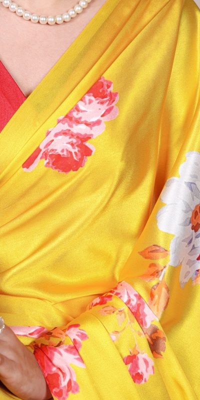YNF 7054 Yellow Color Satin Silk Floral Printed Saree Casual, Wedding, Festive, Events . Expected Delivery  4-6 Working Days @1549/- only                                                                                | Sarees, Bollywood Sarees, Creative Sarees, Designer Sarees, Embroidered Sarees, Ethnic Saree, Modern Digital sarees, Party Wear Sarees