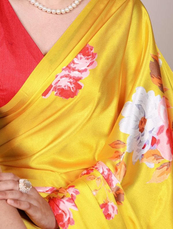 YNF 7054 Yellow Color Satin Silk Floral Printed Saree Casual, Wedding, Festive, Events . Expected Delivery  4-6 Working Days @1549/- only                                                                                | Sarees, Bollywood Sarees, Creative Sarees, Designer Sarees, Embroidered Sarees, Ethnic Saree, Modern Digital sarees, Party Wear Sarees