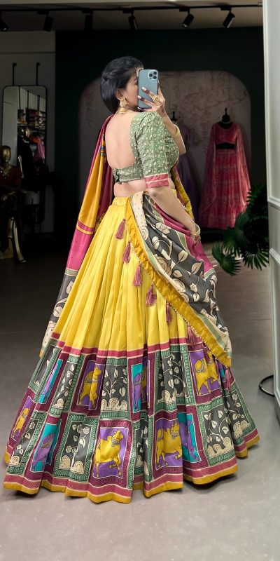 LNB 1235 Yellow Color Tasar Silk Kalamkari With Foil Work Lehenga Choli Wedding, Party, Festive, Events Etc. Delivery 4-6 Working Days Rs 2499 | Lehenga, Bollywood Lehenga, Creative Lehenga, Designer Lehenga, Embroidered Lehenga, Party Wear Lehenga