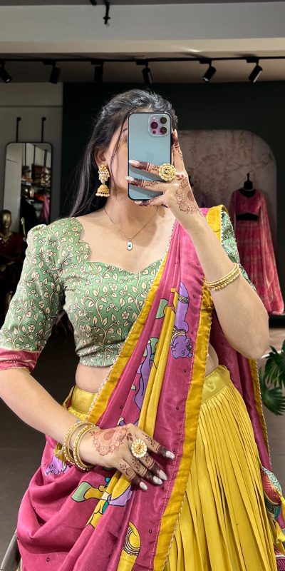 LNB 1235 Yellow Color Tasar Silk Kalamkari With Foil Work Lehenga Choli Wedding, Party, Festive, Events Etc. Delivery 4-6 Working Days Rs 2499 | Lehenga, Bollywood Lehenga, Creative Lehenga, Designer Lehenga, Embroidered Lehenga, Party Wear Lehenga