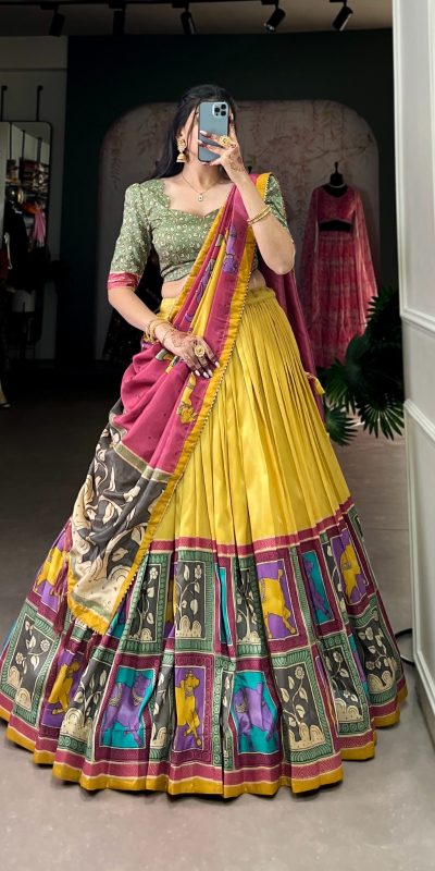 LNB 1235 Yellow Color Tasar Silk Kalamkari With Foil Work Lehenga Choli Wedding, Party, Festive, Events Etc. Delivery 4-6 Working Days Rs 2499 | Lehenga, Bollywood Lehenga, Creative Lehenga, Designer Lehenga, Embroidered Lehenga, Party Wear Lehenga