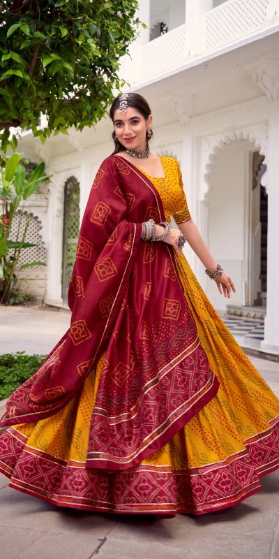 LNB 1250 Yellow Color Tasar Silk Bandhej Print With Gotta Patti Lace Lehenga Choli Festive Party Wedding, Events etc. Delivery 4-6 Working Days @2149/- | Lehenga, Bollywood Lehenga, Creative Lehenga, Designer Lehenga, Embroidered Lehenga, Party Wear Lehenga