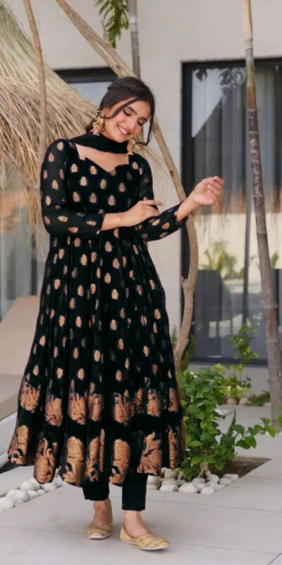 Black Faux Georgette Embroidery Work Gown