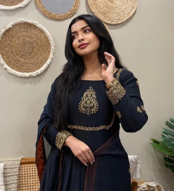 ZSR 3143 Black Heavy Fox Georgette With Embroidery Sequence Work Gown Perfect for Wedding, Party, Traditional Day, Diwali, Temple Visit At 1899 | Gowns, Bollywood Gowns, Creative Gowns, Designer Gowns, Embroidered Gowns, Party Wear Gowns