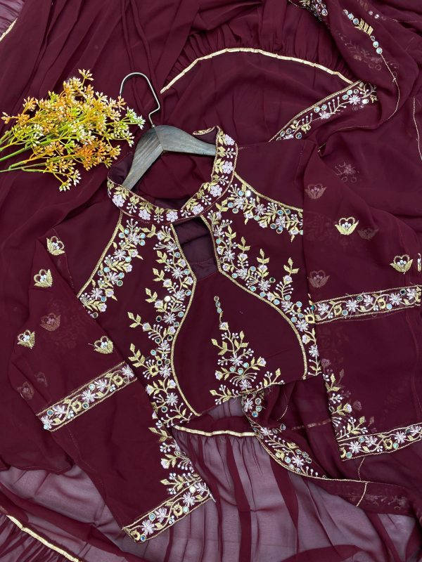 BE 280 Brown Georgette Lehenga Saree Perfect for Wedding, Party, Cultural Events, Housewarming, Ganesh Chaturthi . Affordable Price ₹2399. Delivery 4- | Lehenga, Bollywood Lehenga, Creative Lehenga, Designer Lehenga, Embroidered Lehenga, Party Wear Lehenga