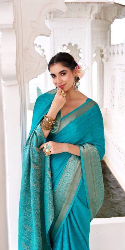YNF 7902 Firozi Color Chinon Printed With Zari Weaving Work Saree With Zari Work. Best Price ₹1549. Delivery 4-6 Working Days. Shop now. | Sarees, Bollywood Sarees, Creative Sarees, Designer Sarees, Embroidered Sarees, Ethnic Saree, Modern Digital sarees, Party Wear Sarees