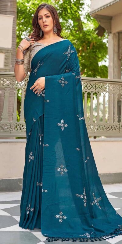 Firozi Natural Silk With Thread Embroidery Saree