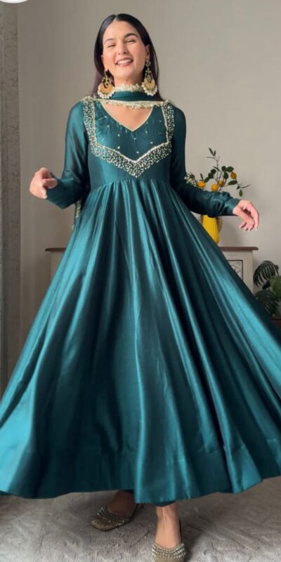 Firozi Star Georgette Embroidery Lace Work Gown