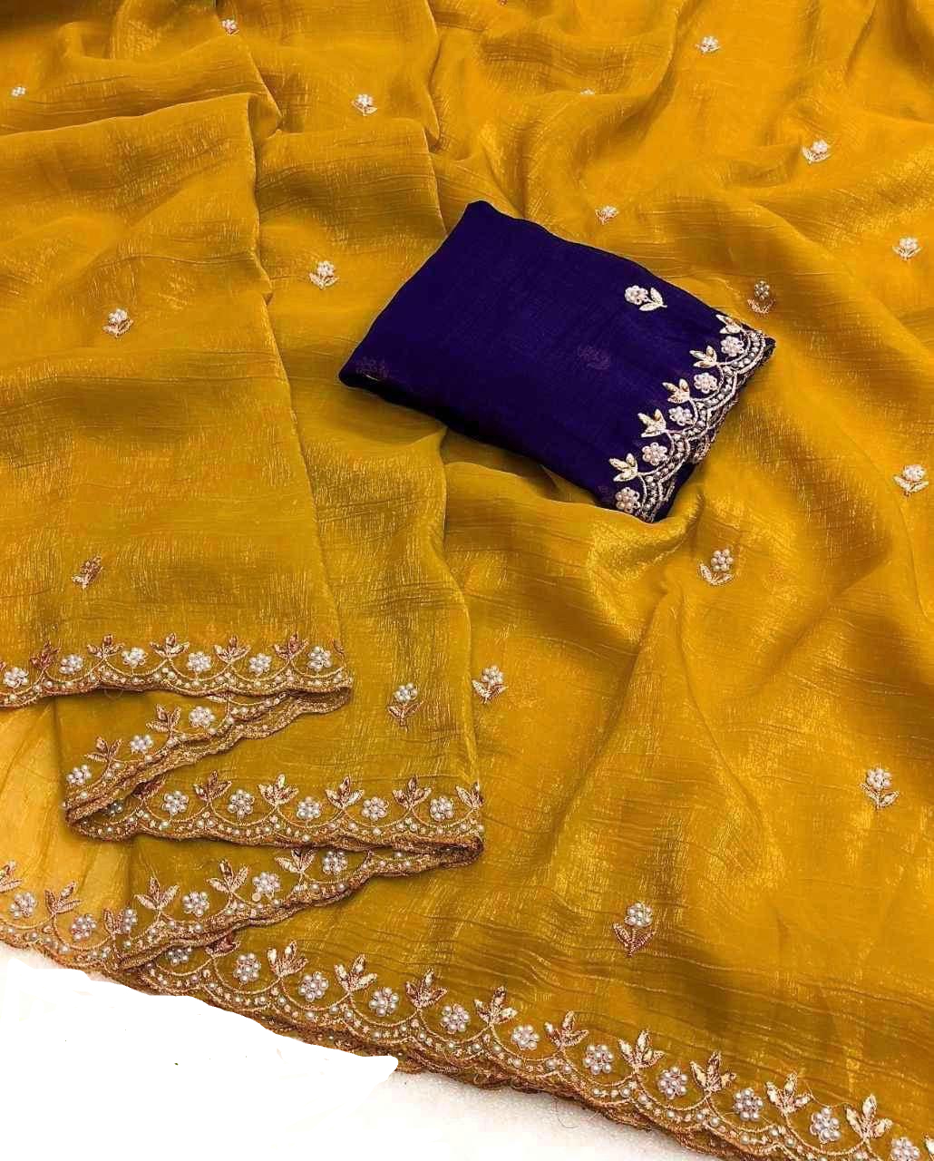 BT 1267 Gold in Crunchy Chiffon Embroidery Work Saree . Wedding, Party, Festive, Events, Exclusive Offer ₹1749. Delivery 4-6 Working Days. Shop now. | Sarees, Bollywood Sarees, Creative Sarees, Designer Sarees, Embroidered Sarees, Ethnic Saree, Modern Digital sarees, Party Wear Sarees