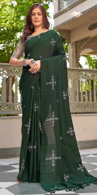 Green Natural Silk With Thread Embroidery Saree