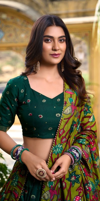 LNB 1219 Green Tasar Silk With Gotta Patti Work & Kalamkari Print Lehenga Choli . Best Price ₹2449. Delivery 4-6 Working Days. Shop now. | Lehenga, Bollywood Lehenga, Creative Lehenga, Designer Lehenga, Embroidered Lehenga, Party Wear Lehenga