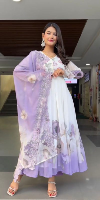 SR 1686 Lavender Faux Georgette With Embroidery Sequence Work With Fully Flair Gown Perfect for Wedding, Party, 4-6 Working Days At 2049 Only | Gowns, Bollywood Gowns, Creative Gowns, Designer Gowns, Embroidered Gowns, Party Wear Gowns