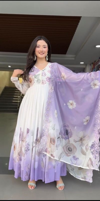 SR 1686 Lavender Faux Georgette With Embroidery Sequence Work With Fully Flair Gown Perfect for Wedding, Party, 4-6 Working Days At 2049 Only | Gowns, Bollywood Gowns, Creative Gowns, Designer Gowns, Embroidered Gowns, Party Wear Gowns