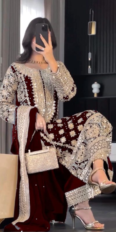 SR 1654 Maroon in Faux Georgette With Heavy Embroidery Sequence Work Wedding, Party, Festive, Events Special 4-6 Working Days At 2599/- Only | Jump Suits, Salwar suit, Casual Suits, Creative suits, Designer Suits, Palazzo Suits, Party Wear Suits, Patiala Suits, Straight Suits