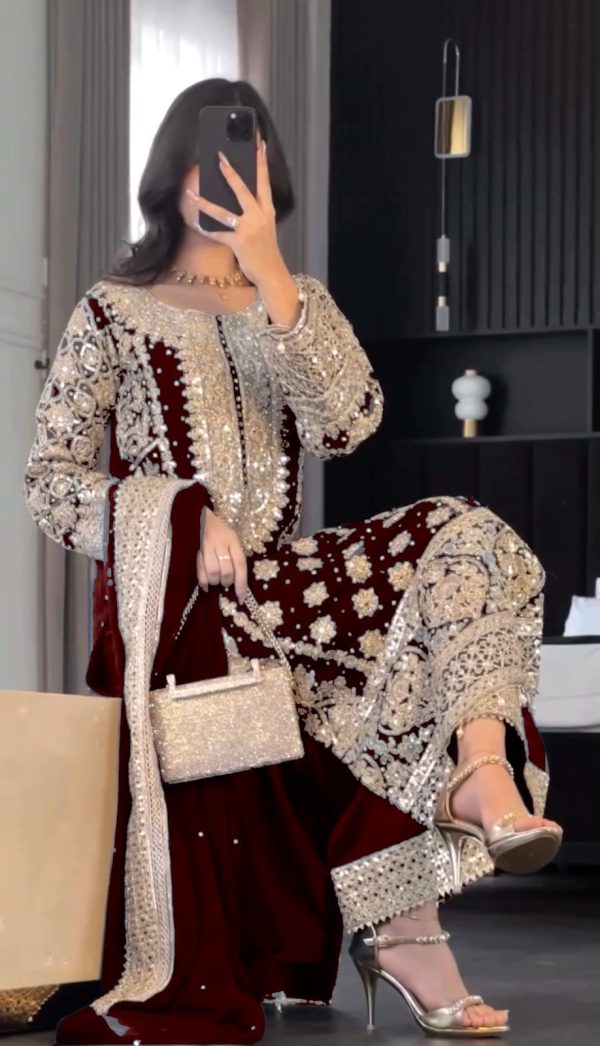 SR 1654 Maroon in Faux Georgette With Heavy Embroidery Sequence Work Wedding, Party, Festive, Events Special 4-6 Working Days At 2599/- Only | Jump Suits, Salwar suit, Casual Suits, Creative suits, Designer Suits, Palazzo Suits, Party Wear Suits, Patiala Suits, Straight Suits