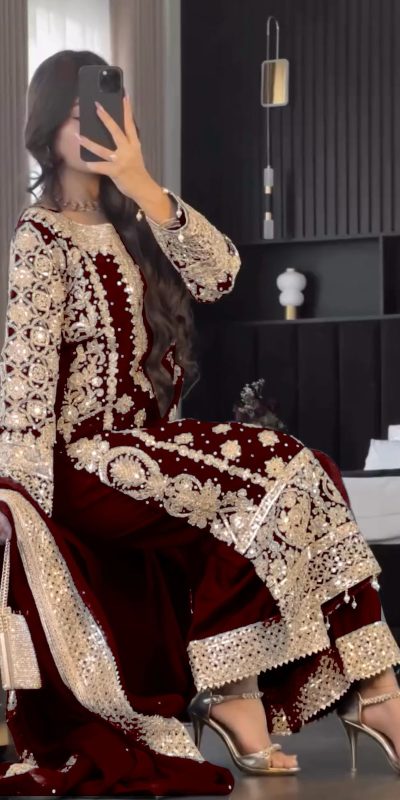 SR 1654 Maroon in Faux Georgette With Heavy Embroidery Sequence Work Wedding, Party, Festive, Events Special 4-6 Working Days At 2599/- Only | Jump Suits, Salwar suit, Casual Suits, Creative suits, Designer Suits, Palazzo Suits, Party Wear Suits, Patiala Suits, Straight Suits