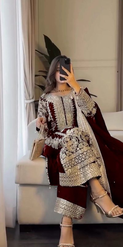 SR 1654 Maroon in Faux Georgette With Heavy Embroidery Sequence Work Wedding, Party, Festive, Events Special 4-6 Working Days At 2599/- Only | Jump Suits, Salwar suit, Casual Suits, Creative suits, Designer Suits, Palazzo Suits, Party Wear Suits, Patiala Suits, Straight Suits