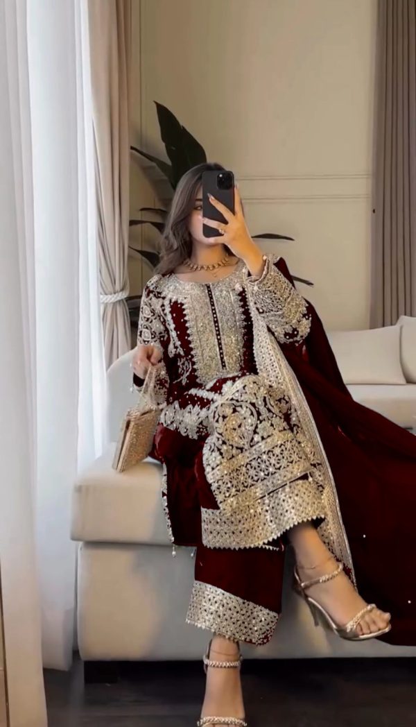 SR 1654 Maroon in Faux Georgette With Heavy Embroidery Sequence Work Wedding, Party, Festive, Events Special 4-6 Working Days At 2599/- Only | Jump Suits, Salwar suit, Casual Suits, Creative suits, Designer Suits, Palazzo Suits, Party Wear Suits, Patiala Suits, Straight Suits