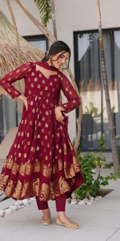 VLM 299 Maroon Faux Georgette With Embroidery Work Gown Perfect for Wedding, Party, Ethnic Day, Housewarming, Cultural Events At 2099/-Only | Gowns, Bollywood Gowns, Creative Gowns, Designer Gowns, Embroidered Gowns, Party Wear Gowns