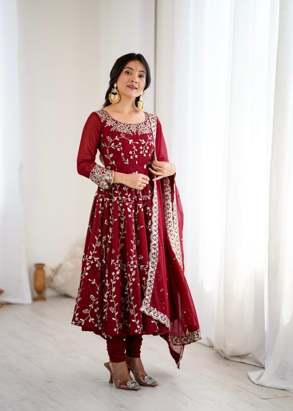 SRK 5299 Maroon Faux Georgette With Sequence Work Perfect for Wedding, Party, Temple Visit, Ganesh Chaturthi Festive, Events, 4-6 Working Days At 2149 | Gowns, Bollywood Gowns, Creative Gowns, Designer Gowns, Embroidered Gowns, Party Wear Gowns