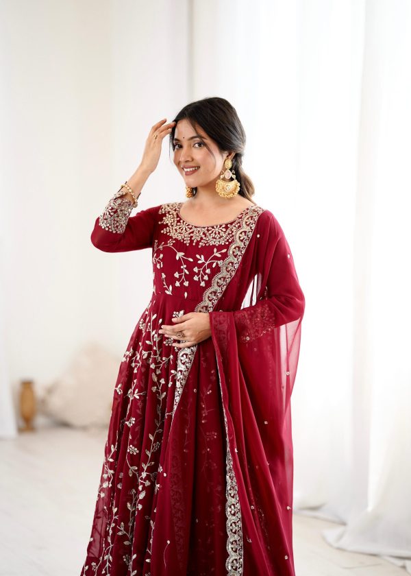 SRK 5299 Maroon Faux Georgette With Sequence Work Perfect for Wedding, Party, Temple Visit, Ganesh Chaturthi Festive, Events, 4-6 Working Days At 2149 | Gowns, Bollywood Gowns, Creative Gowns, Designer Gowns, Embroidered Gowns, Party Wear Gowns