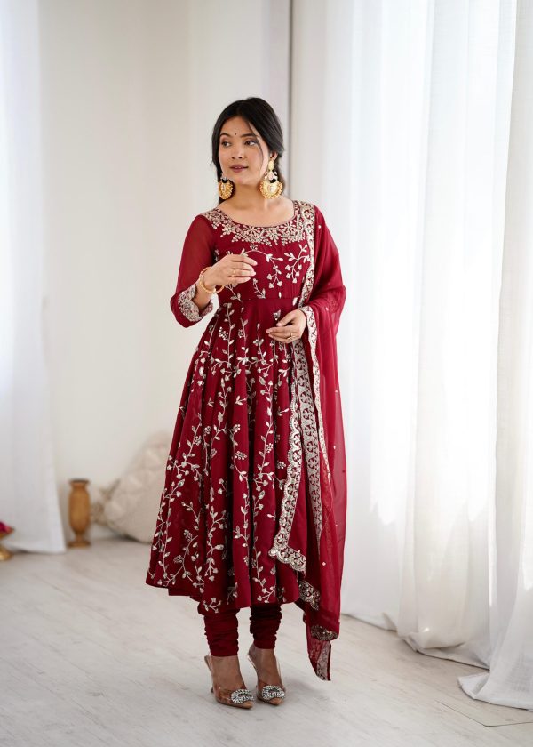 SRK 5299 Maroon Faux Georgette With Sequence Work Perfect for Wedding, Party, Temple Visit, Ganesh Chaturthi Festive, Events, 4-6 Working Days At 2149 | Gowns, Bollywood Gowns, Creative Gowns, Designer Gowns, Embroidered Gowns, Party Wear Gowns
