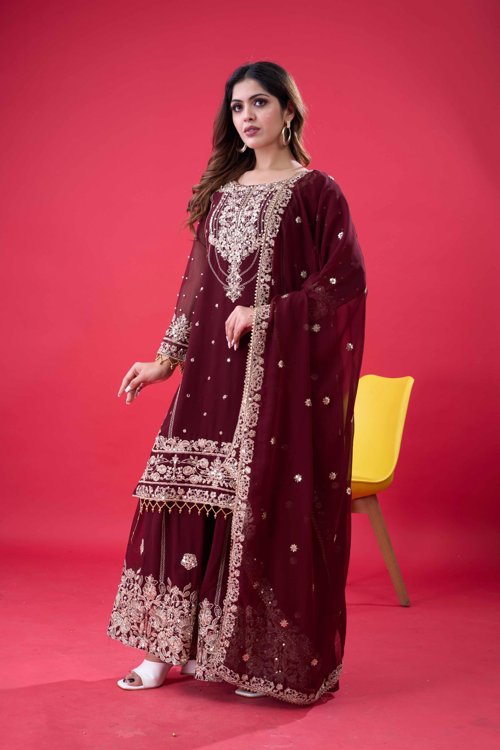 SR 1688 Maroon Faux Georgette with Lace Work & Embroidery Work. Salwar Suit Introductory Price ₹1949. Delivery 4-6 Working Days. Shop now. | Jump Suits, Salwar suit, Casual Suits, Creative suits, Designer Suits, Palazzo Suits, Party Wear Suits, Patiala Suits, Straight Suits