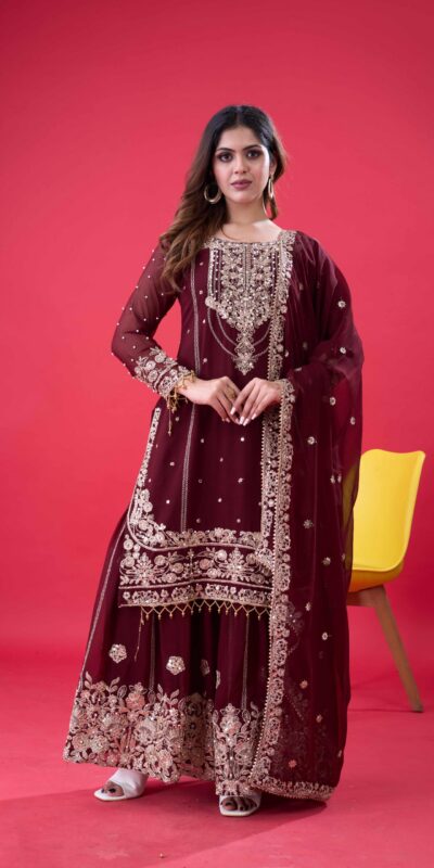 SR 1688 Maroon Faux Georgette with Lace Work & Embroidery Work. Salwar Suit Introductory Price ₹1949. Delivery 4-6 Working Days. Shop now. | Jump Suits, Salwar suit, Casual Suits, Creative suits, Designer Suits, Palazzo Suits, Party Wear Suits, Patiala Suits, Straight Suits