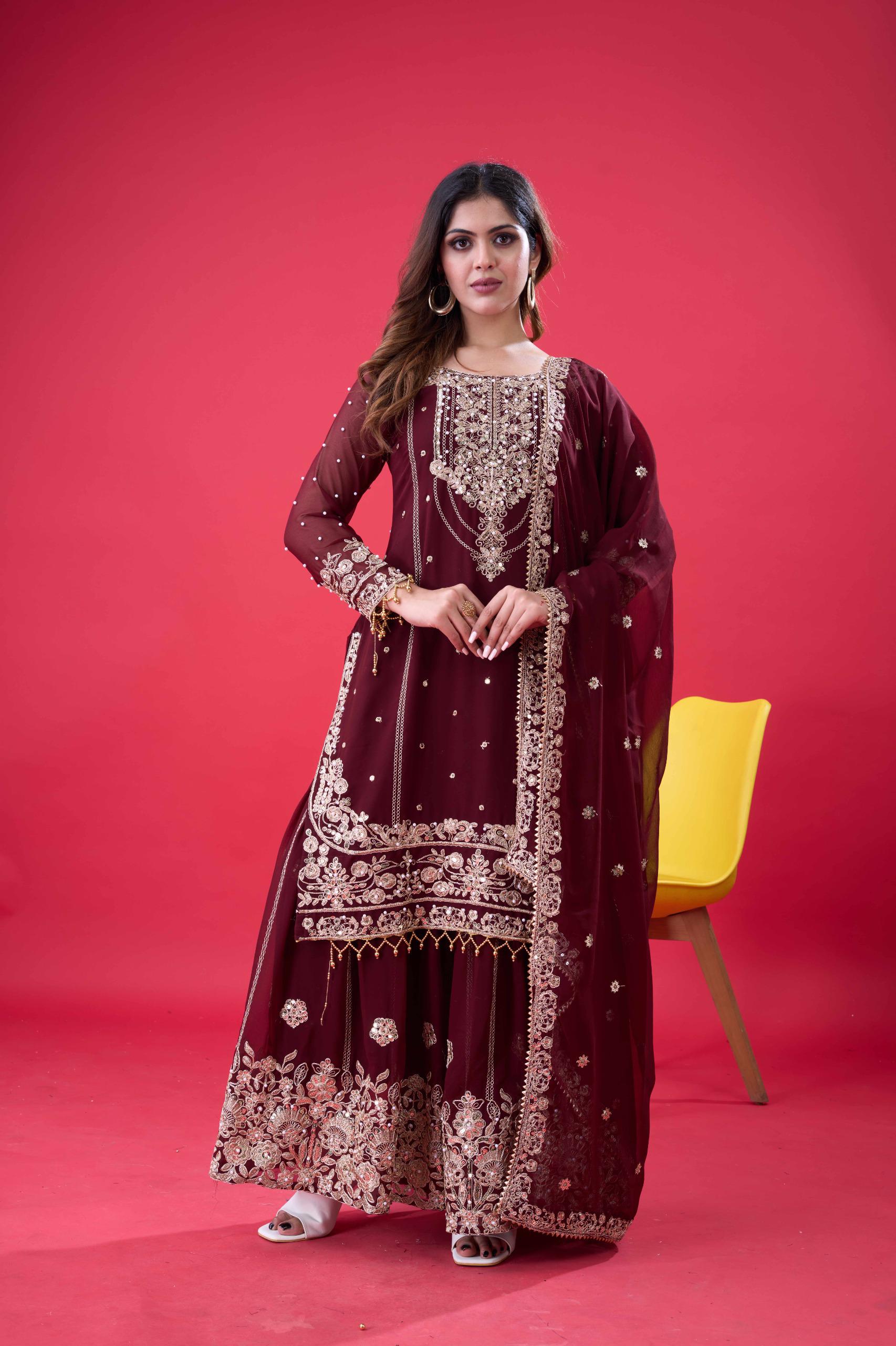 SR 1688 Maroon Faux Georgette with Lace Work & Embroidery Work. Salwar Suit Introductory Price ₹1949. Delivery 4-6 Working Days. Shop now. | Jump Suits, Salwar suit, Casual Suits, Creative suits, Designer Suits, Palazzo Suits, Party Wear Suits, Patiala Suits, Straight Suits